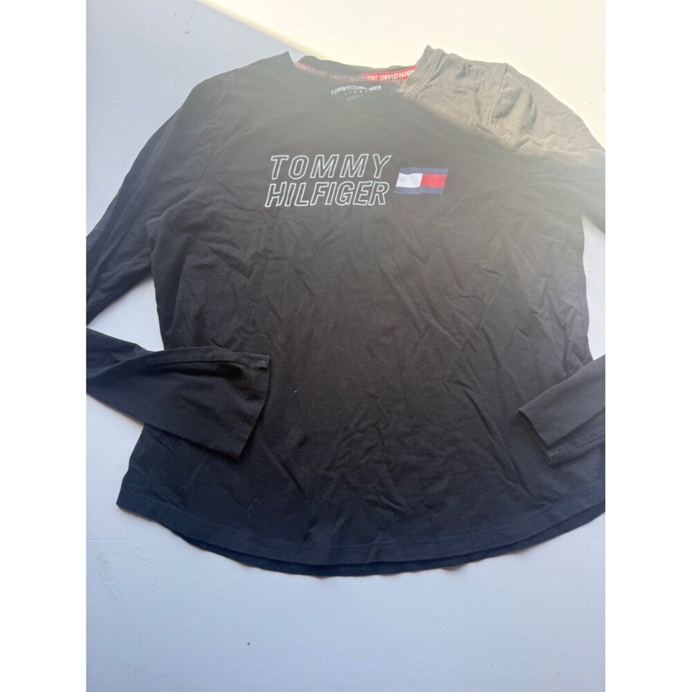 4/$25 Tommy Hilfiger Black Long-Sleeve Logo Shirt womens medium crew neck M A11